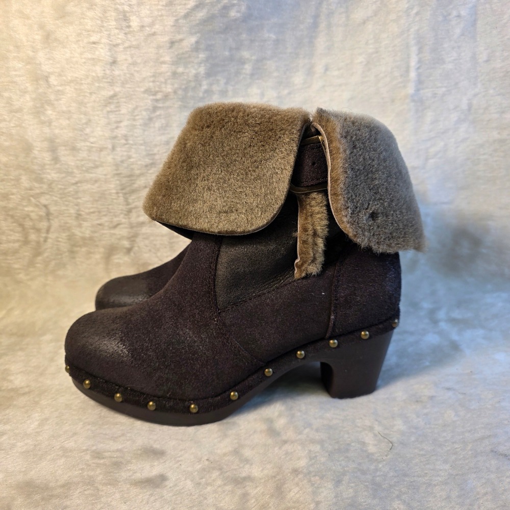 EMU Australia Clog Ankle Boots Brown Suede Shearling Cuff Lined Studded Womens 8